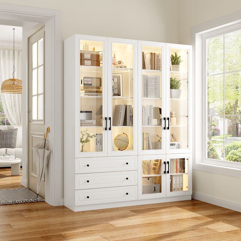 63" Glass Door Display Bookcase Cabinet With LED Lighting, White