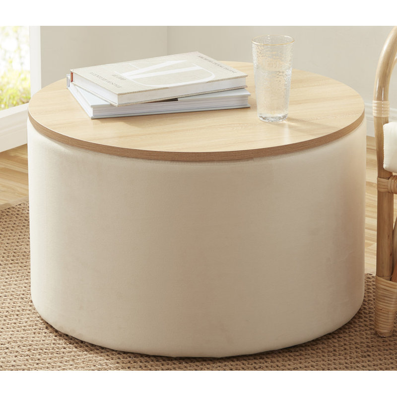 Large Round Storage Ottoman Coffee Table Ottoman With Lift Off Lid, Cream Velvet