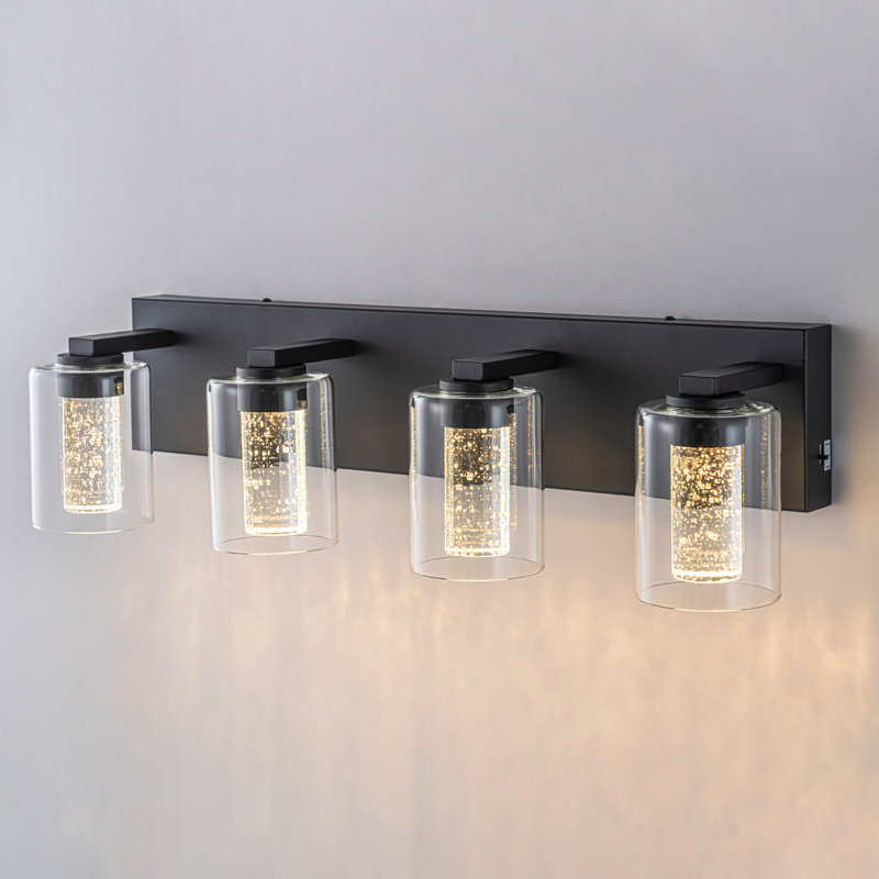 Black Vanity Light (4-Light, 24-Inch), (3000K/4000K/6000K, Dimmable) LED Bathroom Light Fixture, Modern Wall Light Over Mirror with Clear Glass Shade