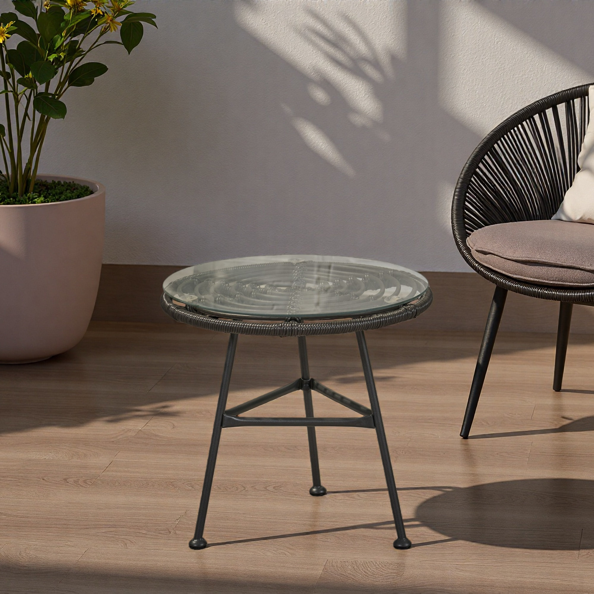 Latitude Run® Outdoor Glass Top Faux Rattan Side Table,Tempered Glass ...
