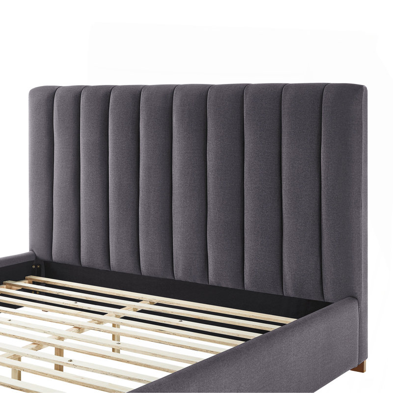 Structure de lit grand format moderne avec structure de lit grand tapissier et tête de lit avec tête de lit en tissu et lattes de bois, sommier non requis, sommier gris foncé