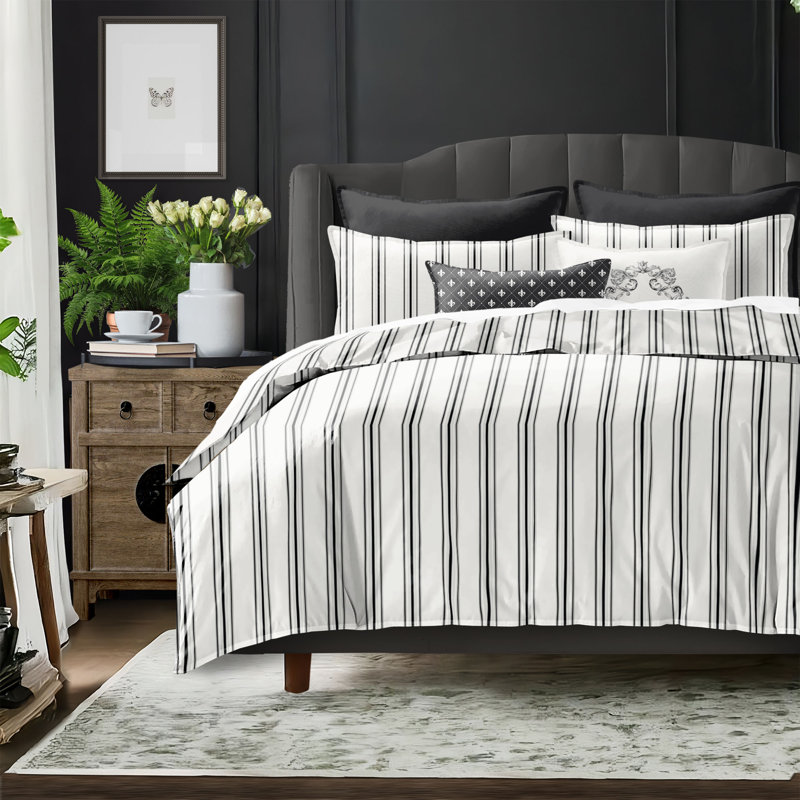 August Stripe Reversible Cotton Duvet Cover Set, Ebony, King Duvet Cover + 2 King Shams