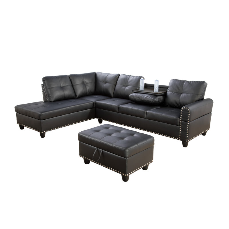 Faux Leather L-Shaped Sectional Left Hand Facing, Rocking Black