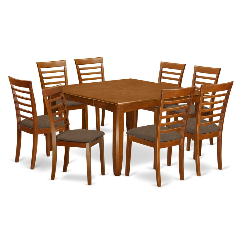 Ensemble de table et chaises de cuisine 9 pièces comprenant une table de salle à manger carrée avec rallonge papillon et 8 chaises de salle à manger en tissu de lin, brun 54 po x 54 po