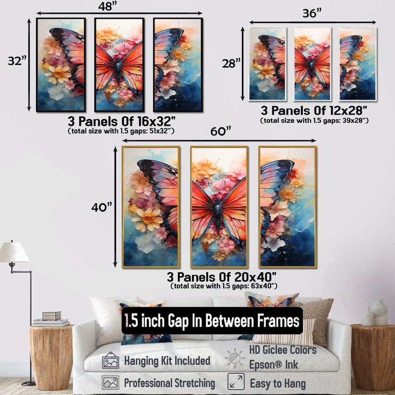 «Butterfly Abstract Auras II», ensemble d'art mural sur toile, Cadre flottant doré, H 28 po x l 36 po x P 1 po
