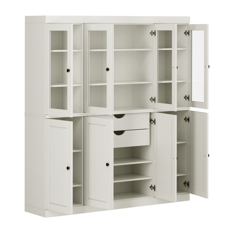 Armoire de cuisine haute 100% en bois massif avec portes en verre et 2 tiroirs, tablettes réglables, armoire de rangement modulaire de cuisine Pulcova, l 65 po x H 71,5 po