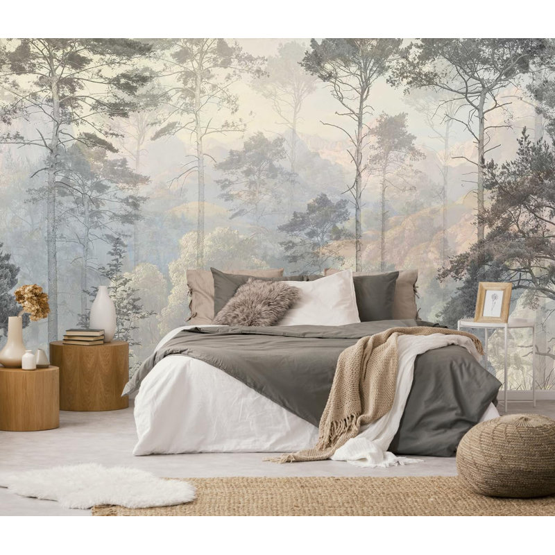 Murale Hazy Forest, papier peint abstrait paysage naturel, motifs de décoration murale de fond (non auto-adhésifs)