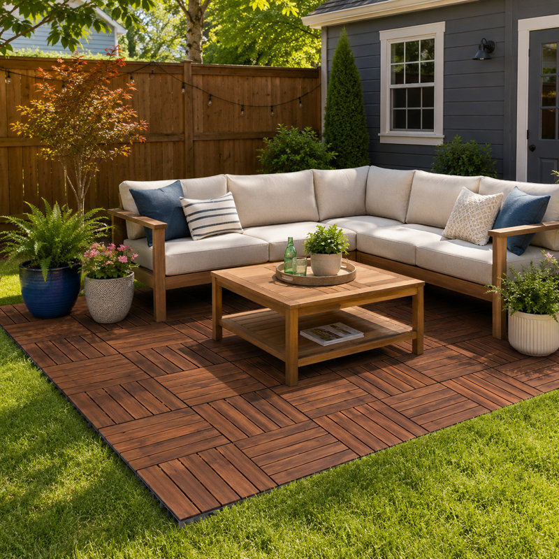 Carreaux de terrasse en bois d'acacia emboîtable de qualité supérieure, ensemble de revêtement de sol brun 27 pièces