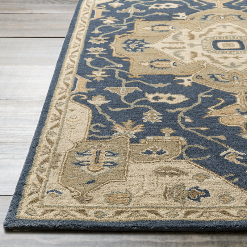 Tapis beige / bleu marine en laine touffeté à la main BuckHill, Rectangle de 10 pi x 14 pi