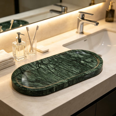 Genuine Natural Marble Vanity Tray for Bathroom, Handcrafted Indian Green Stone Decorative Oval Organizer for Countertop, Dresser, and Kitchen Home Decor