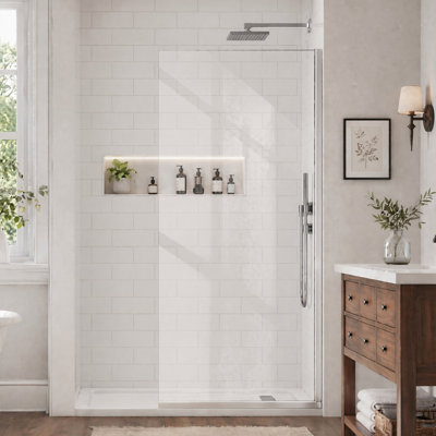 Shower Glass Panel 34"×74", 3/8" (10mm) Clear Tempered Glass, Semi-Frameless Fixed Shower Screen, Single Glass Panel with Double-Sided Coating, Walk in Shower Door for Bathroom, Chrome