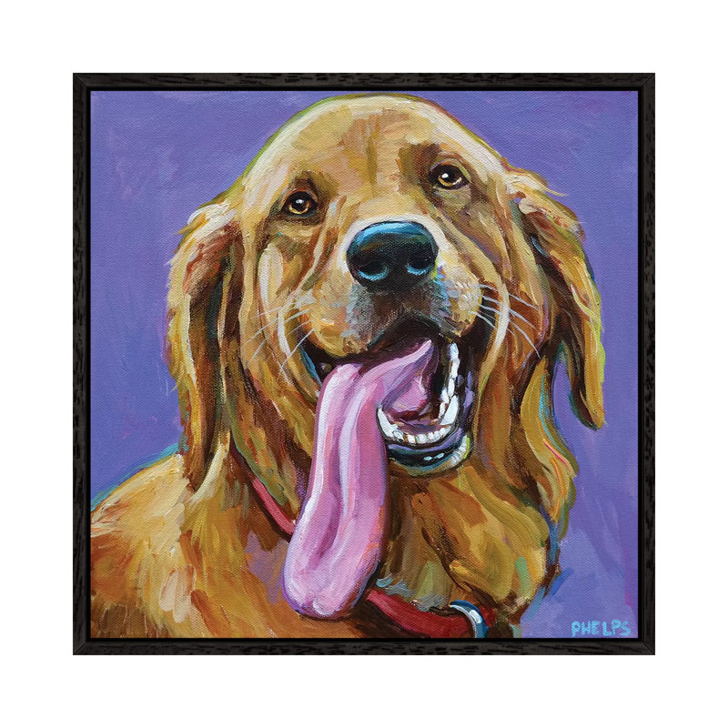 Golden Retriever With Big Tongue by Robert Phelps - Painting on Canvas, 93.98 cm H x 93.98 cm W, Black Framed