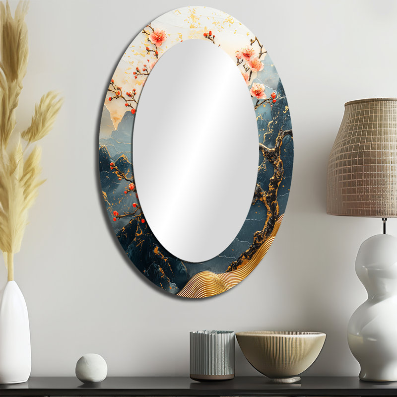 Branches de fleurs de cerisier dorées - Grand miroir mural ovale sur métal, 36 po x 24 po