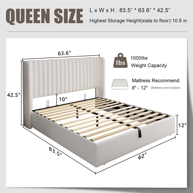 Lift Up Storage Bed With Wingback Headboard, Upholstered Platform Bed Frame With Hydraulic Storage, Linen Fabric, No Box Spring Needed