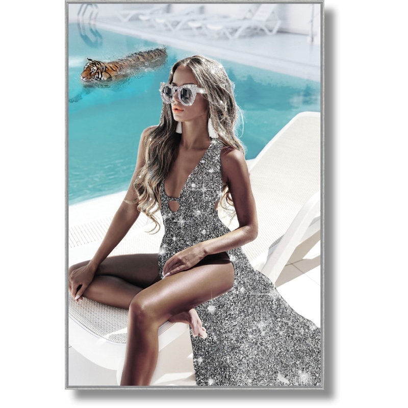 Décoration murale glamour en bord de piscine glamour - 32 po x 47 po - Cadre argenté
