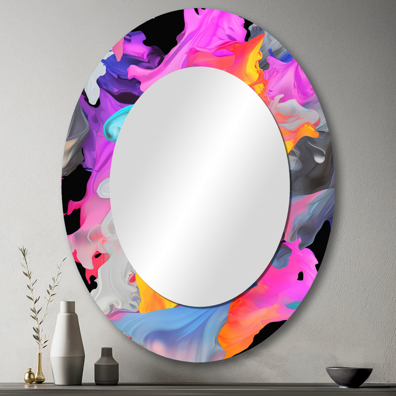 Pink And Blue Paint Fusion II - Large Oval Wall Mirror On Metal, 43" x 33"