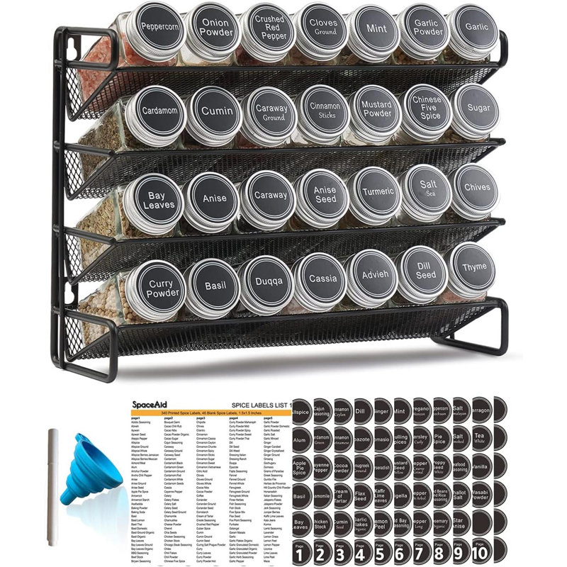 Étagère à épices avec 28 pots à épices, 386 étiquettes à épices, marqueur à craie et entonnoir pour armoire, comptoir, garde-manger, armoire ou porte et fixation murale - 28 pots