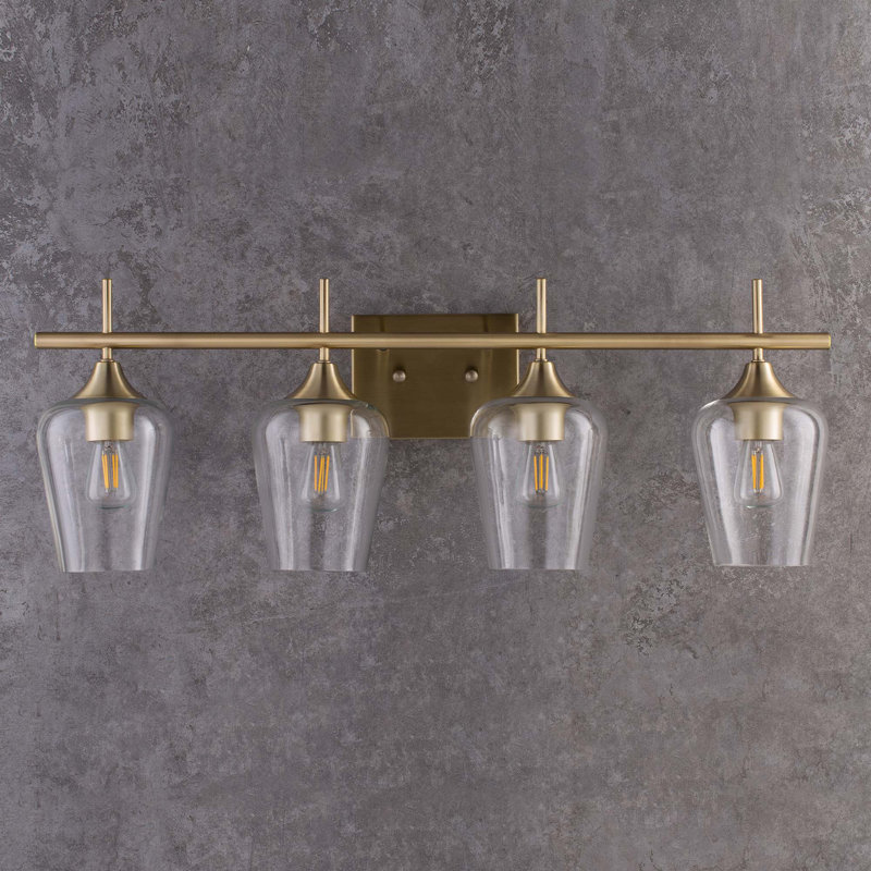 Éclairage pour salle de bain à intensité variable 4 lumières Hermleigh, Laiton antique, Transparent