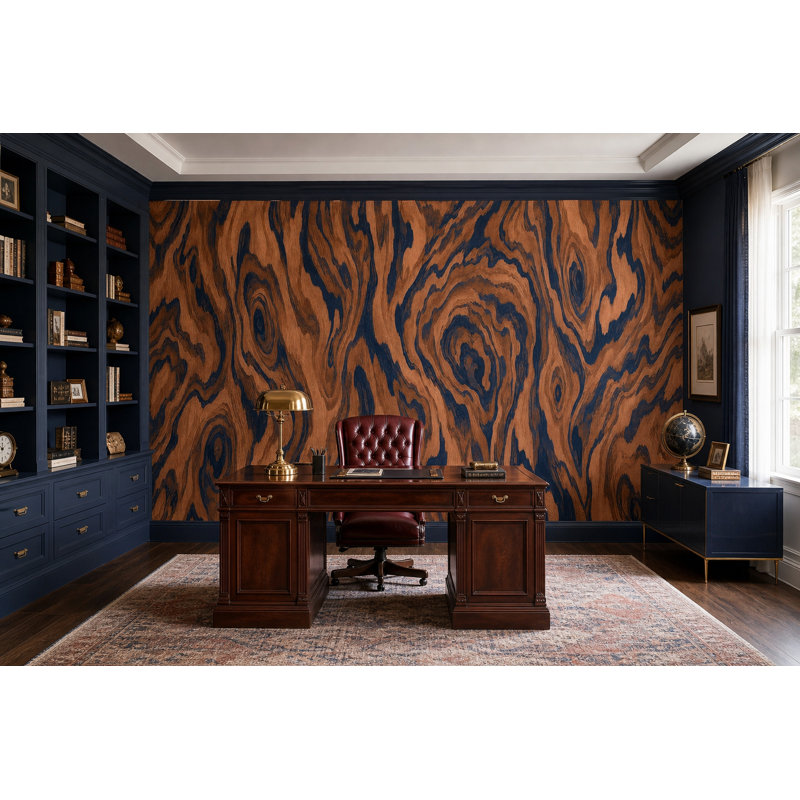 Swirled Wood Grain Wallpaper Navy Veining Wall Mural, 200"x120", Peel and Stick