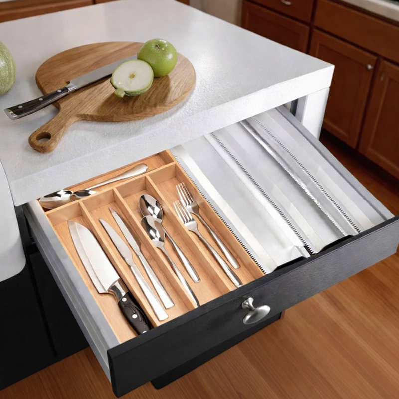 Plateau à ustensiles en bambou, porte-ustensiles pour tiroir de cuisine à 5 compartiments, rangement pour couverts naturels