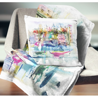Coussin paysage maisons et bateaux