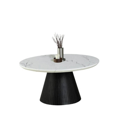 Contemporary Round Cocktail Table with Faux Marble Top and Reeded Drum Base
