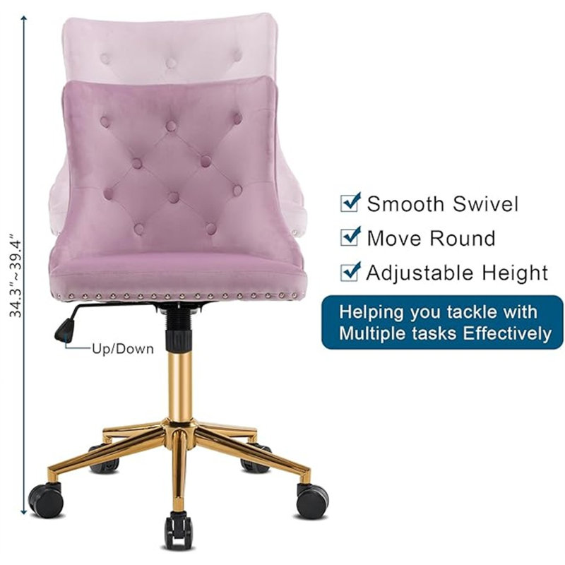 Chaise de bureau VINGLI mauve mauve sans accoudoir avec base / roulettes dorées, petite chaise de coiffeuse / maquillage mignonne avec dossier pour la chambre à coucher, fauteuil à clous pivotant et pivotant rembourré pour femmes / filles