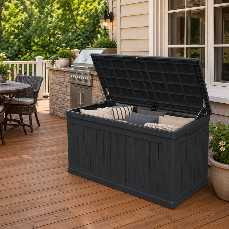 Coffre de terrasse 230 gallons avec plateau verrouillable, finition aspect bois et couvercle à ouverture assistée, 230 Gallon