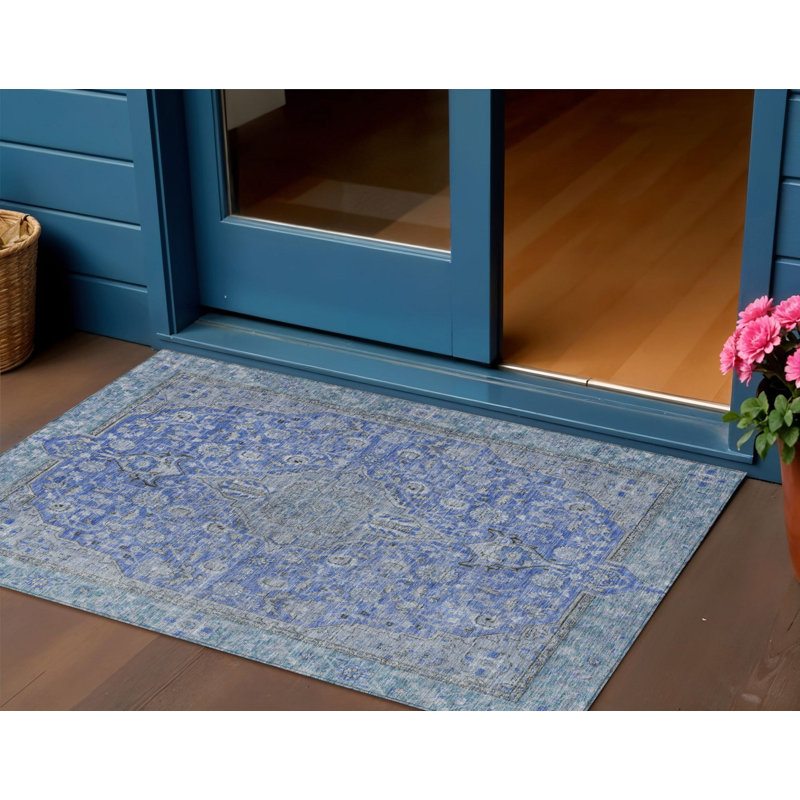 3' X 5' Blue And Gray Medallion Washable Indoor Outdoor Area Rug