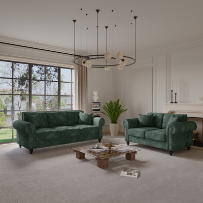 2-piece Living Room Sofa Set, 3-seater Couch And 2-seater Loveseat With Rolled Arms, Chenille Upholstery, Nailhead Trim & Solid Wood Legs