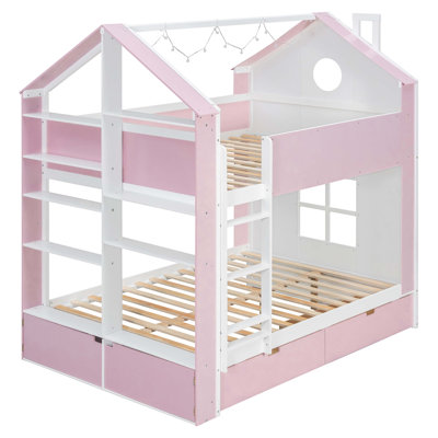 Lit superposé double avec tiroirs et tablettes de rangement, lit superposé moderne en bois à deux tons avec bande lumineuse, mobilier de chambre peu encombrant