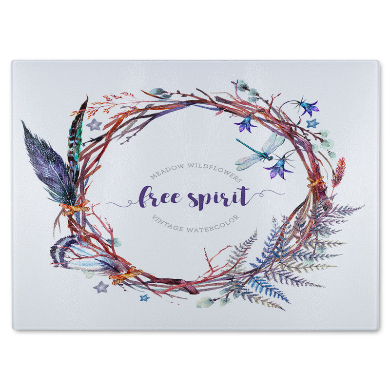 Watercolor Boho Wreath Glass Chopping Board, 28cm L x 20cm W