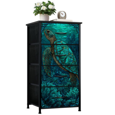 Commode style vitrail Coastal pour chambre à coucher avec 4 tiroirs de rangement, commode éthérée, sarcelle, teintes bleu sarcelle, commode, commode en acier pour vestibule
