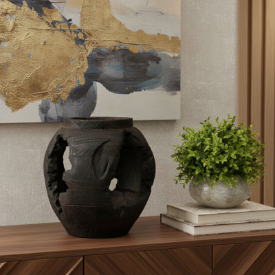 Vase de table 14 "en bois massif noir avec détails sculpturaux