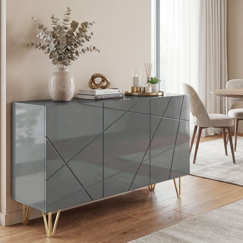 HOMCOM Storage Cabinet, High Gloss Sideboard, with Adjustable Shelf, Grey