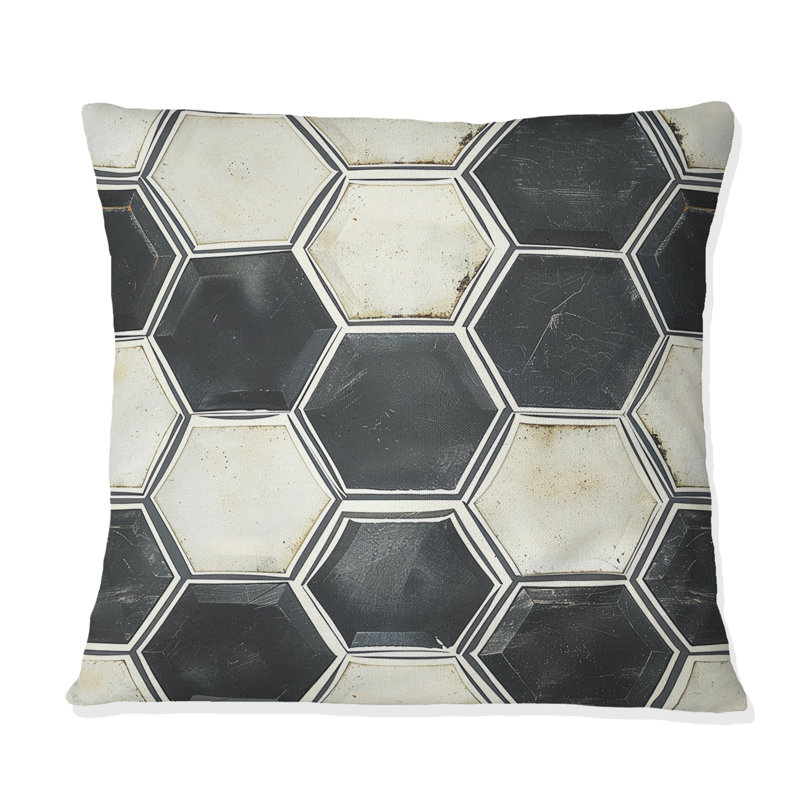 Coussin noir et blanc Hexagon II - Mid-Century, H 16 po x l 16 po