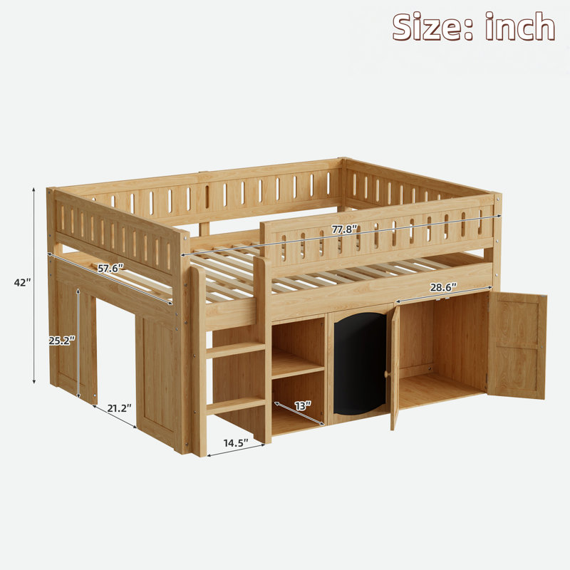 Lit mezzanine avec armoire à deux portes, tablettes ouvertes et panneau noir, Naturel