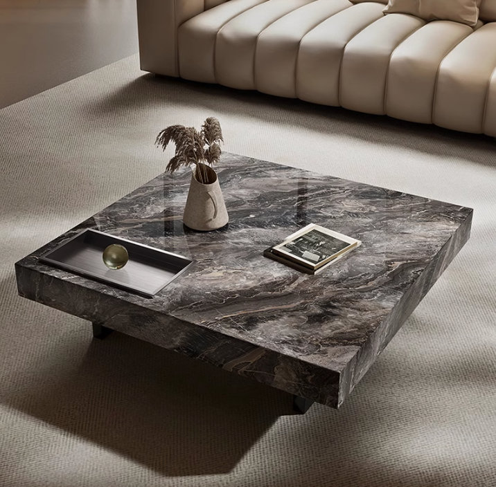 42" Square Faux Marble 2 Legs Modern Coffee Table, Black