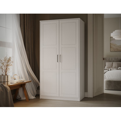 Armoire-penderie 100% bois massif à 2 portes, armoire de rangement autoportante pour chambre à coucher avec tringle et tablettes réglables