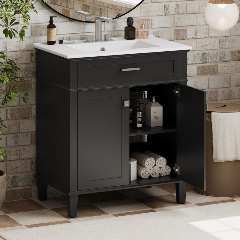 Meuble-lavabo 30 po avec porte en céramique à fermeture en douceur et tablettes réglables, Noir, noir, noir, noir