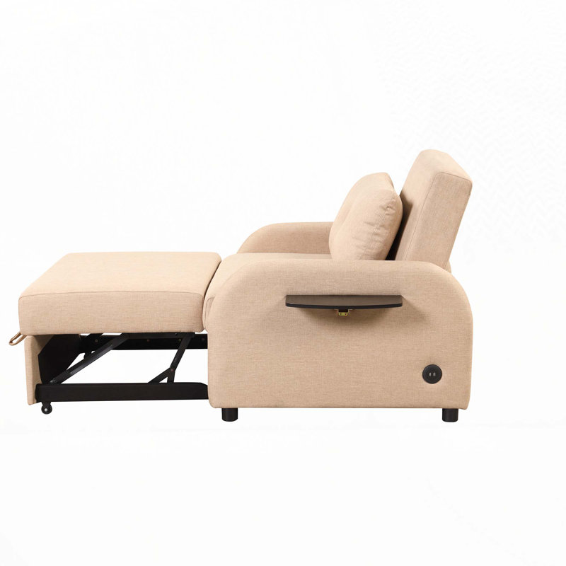 Fauteuil-lit rembourré convertible avec 2 tables à oreilles et charge USB, Beige