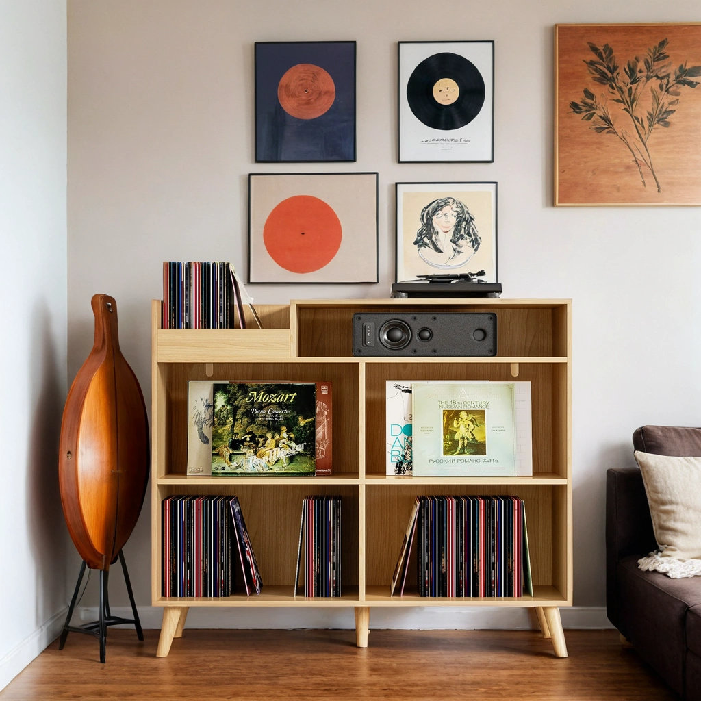 3 Tier Large Record Player Stand With Power Outlet, Vinyl Record Storage Table Holds Up To 500 Albums, Mid-Century Turntable Stand George Oliver Color: Oak