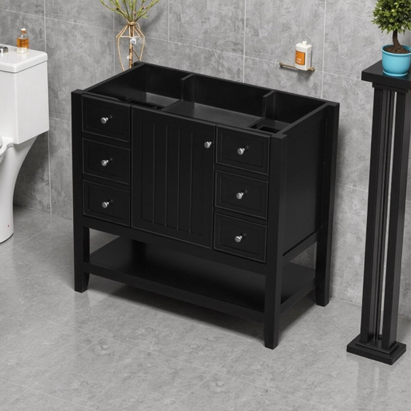 Meuble-lavabo autoportant 36 pièces avec 1 armoire, 3 tiroirs et tablette ouverte noire - fabrication en bois massif et en panneau de fibres à densité moyenne, style moderne, lavabo non inclus