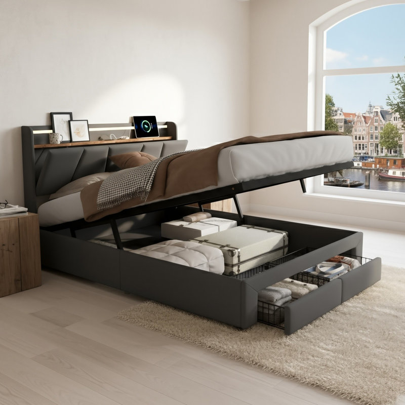Upholstered Ottoman Bed With 2 Drawers, Storage Frame With LED Headboard & USB Ports, Dark Grey Linen