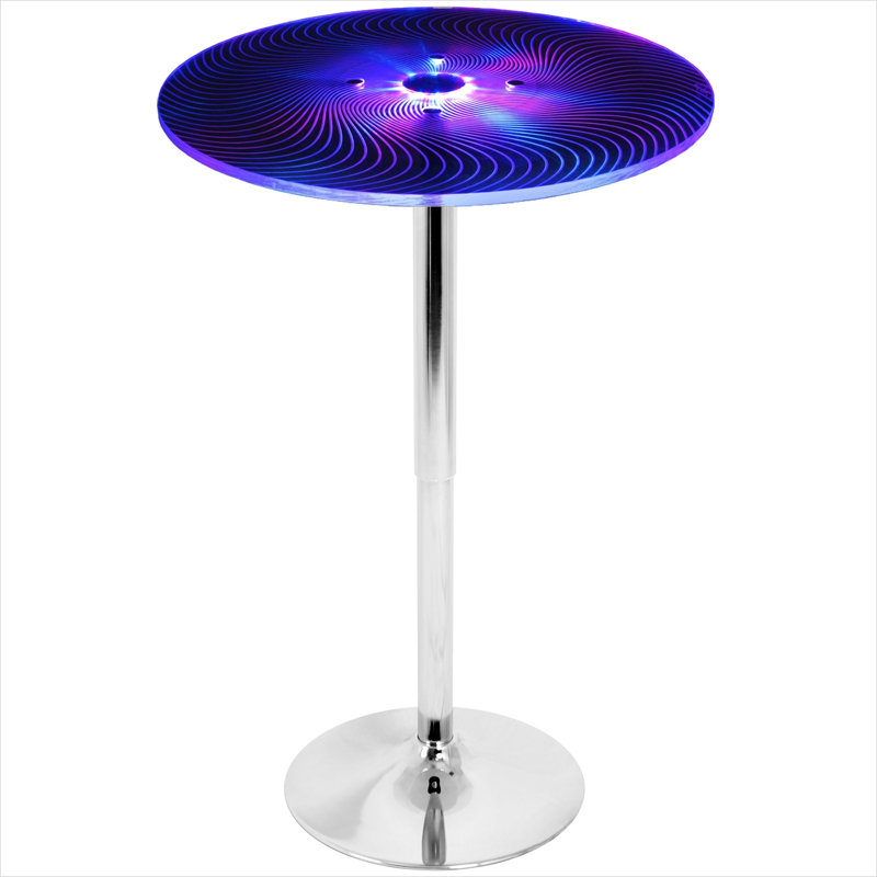 Table de bar ronde à DEL avec plateau en acrylique et base chromée, hauteur réglable, 23 pouces de diamètre, 4 sièges