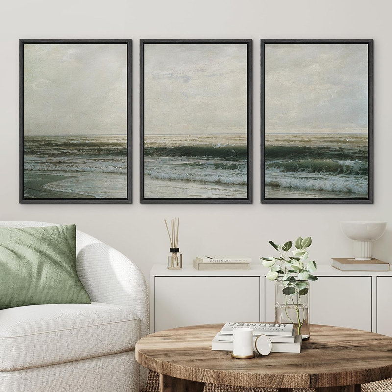 Aquarelle plage côtière 3 pièces, H 24 po x l 16 po x P 1,5 po, Cadre en plastique noir