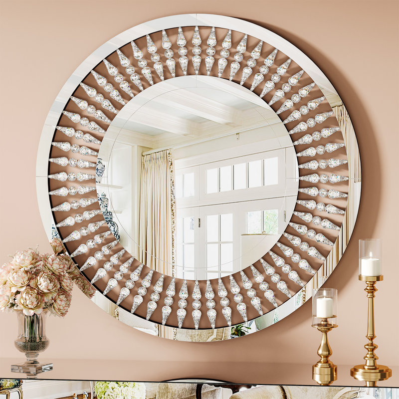 43-Inch Mirrored Console Table With Round Jeweled Decorative Wall Mirror Set Of 2