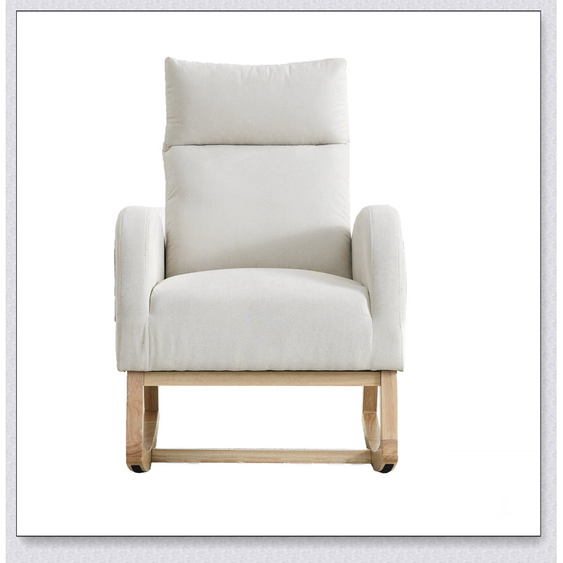 Fauteuil à bascule moderne avec accoudoirs de salon à dossier haut l 27,6 po et deux poches latérales, Beige