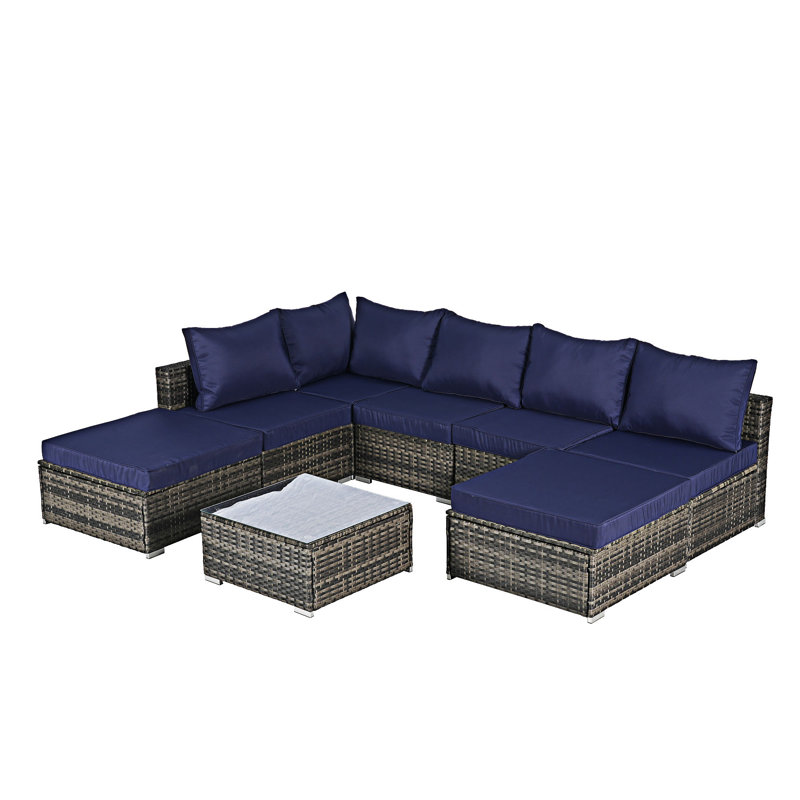 Ensemble de conversation pour l'extérieur 8 pièces avec coussins lavables, Bleu très foncé