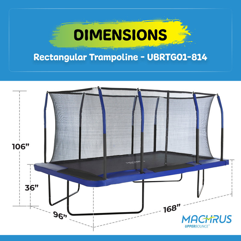 Ensemble de trampoline rectangulaire de style gymnastique 8 pi x 14 pi Machrus Upper Bounce - bleu / noir